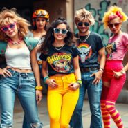 Eine lebendige Modeszene der 1980er Jahre mit kräftigen Farben und Mustern, übergroßen Schulterpolstern, hoch taillierten Jeans, Neon-Accessoires, Stulpen, Scrunchies, grafischen T-Shirts, stylischen Sonnenbrillen und voluminösen Retro-Frisuren. Dynamische Posen vor einem urbanen Hintergrund mit Graffiti-Elementen unterstreichen den charakteristischen Stil der Ära.